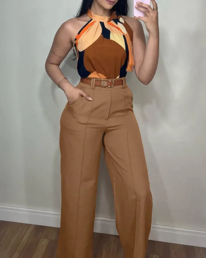 New Fashion 2025 Sexy Elegant 2 Pieces Outfits Colorblock Halter Sleeveless Top and Casual Plain Wide Leg Pants Set
New Fashion 2025 Sexy Elegant 2 Pieces Outfits Colorblock Halter Sleeveless Top and Casual Plain Wide Leg Pants Set