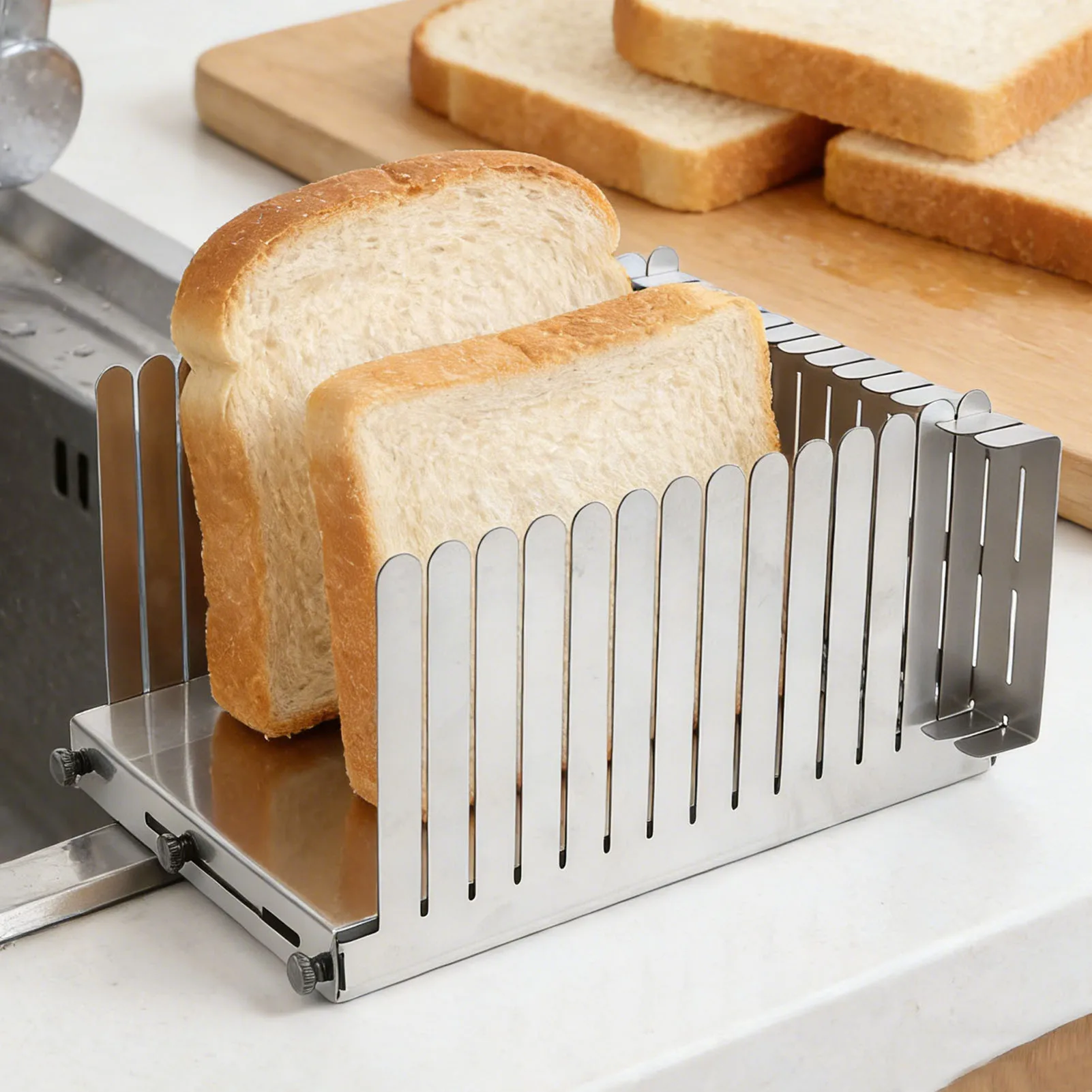 Kitchen Bread Slicing Guide Stainless Steel Homemade Bread Loaf Toast Slicing Auxiliary Tool for Cakes Bagels Commercial Baking
Kitchen Bread Slicing Guide Stainless Steel Homemade Bread Loaf Toast Slicing Auxiliary Tool for Cakes Bagels Commercial Baking