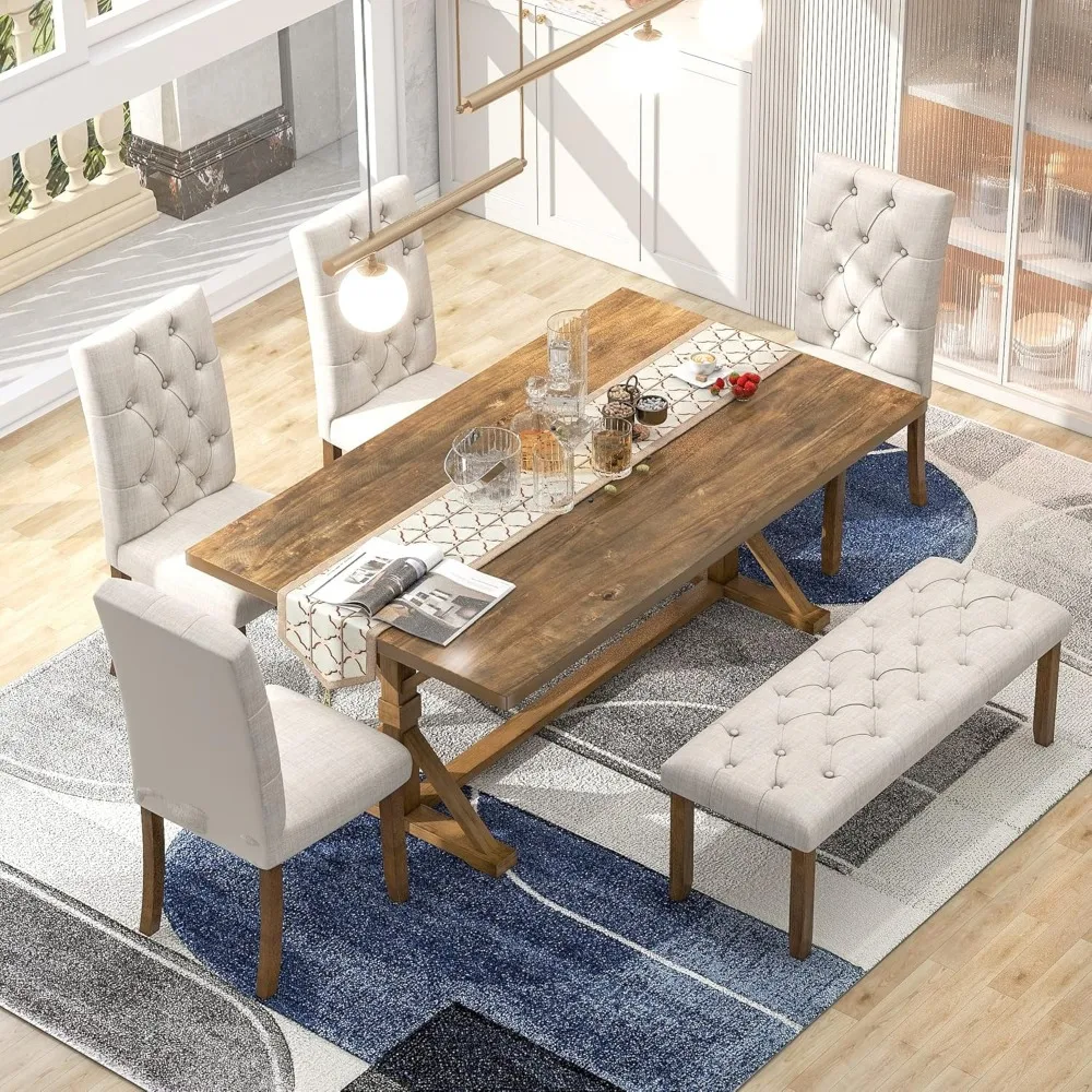 6 Piece Kitchen Dining Table Set, 72 inch Wooden Rectangular Table with 4 Upholstered Chairs and a Bench, Dining Room Table Set
6 Piece Kitchen Dining Table Set, 72 inch Wooden Rectangular Table with 4 Upholstered Chairs and a Bench, Dining Room Table Set
