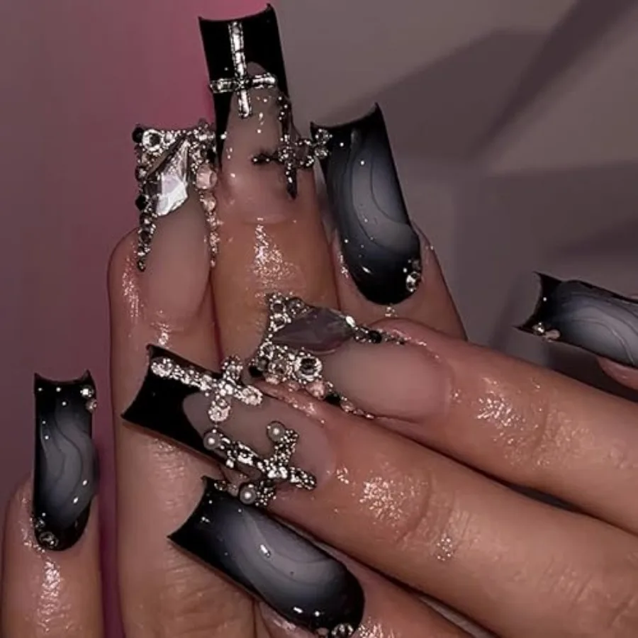 Press on Fake Nails Gothic Design Acrylic Nails Long, Square Shape, Black Ombre, Cross Charm, Luxury, 3d Handmade, Glossy, 24pc
Press on Fake Nails Gothic Design Acrylic Nails Long, Square Shape, Black Ombre, Cross Charm, Luxury, 3d Handmade, Glossy, 24pc