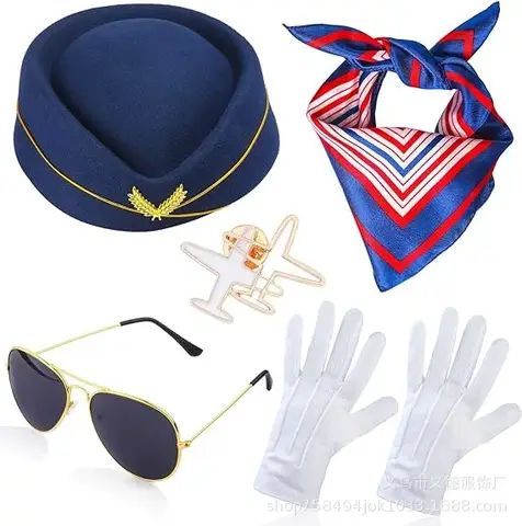 Women Stewardess Cosplay Costume Set Flight Attendant Hat With Scarf Gloves Glasses Cosplay Props For Party Supplies