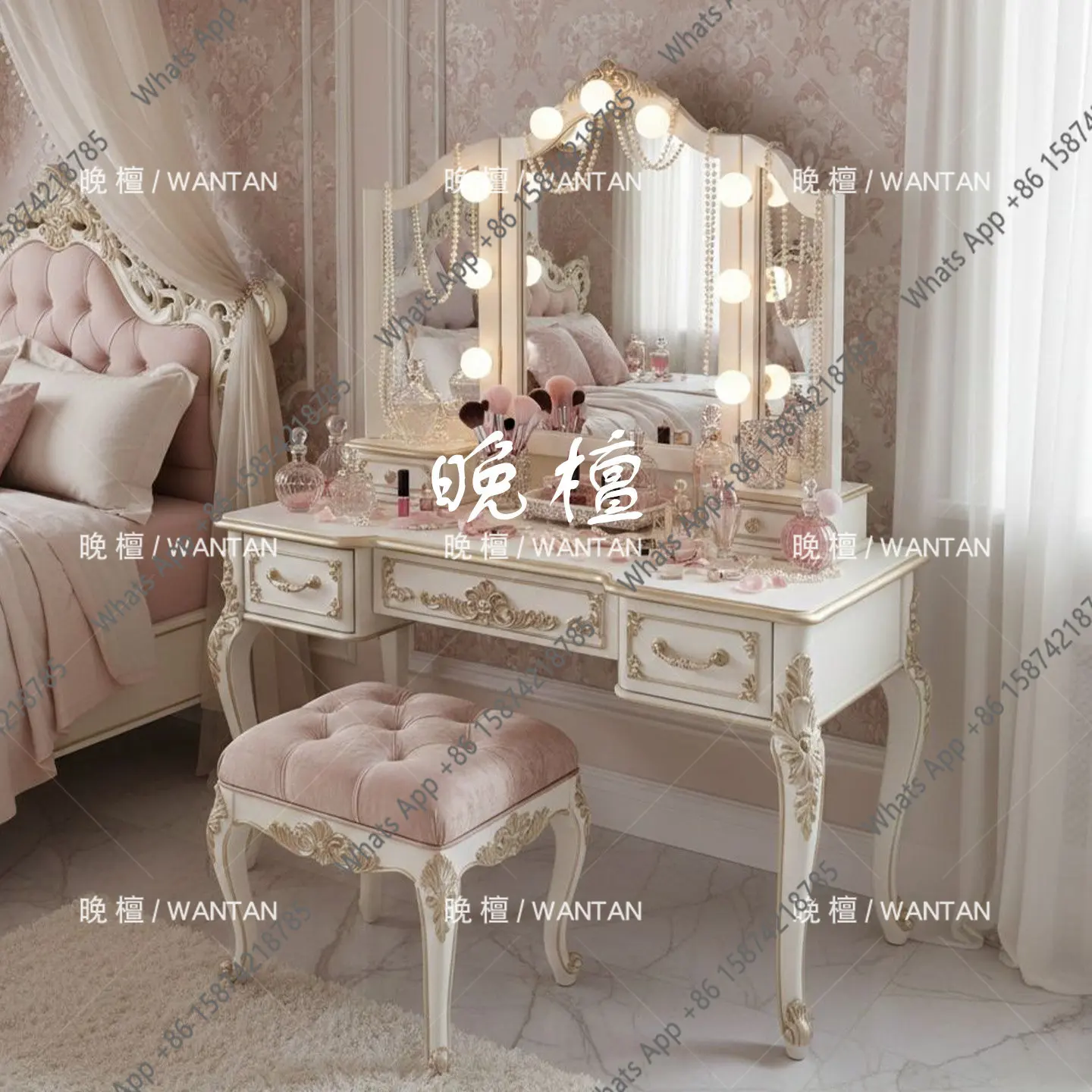 French retro carved dresser with makeup mirror, locker, home bedroom makeup table, customizable
French retro carved dresser with makeup mirror, locker, home bedroom makeup table, customizable
