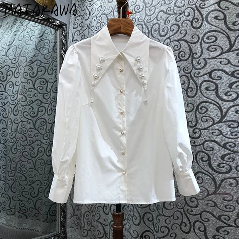 Matakawa Spring Autumn Blouses Solid White Beading Vintage Elegant Women Shirts Korean Fashion Chic Sweet Blusas Mujer
Matakawa Spring Autumn Blouses Solid White Beading Vintage Elegant Women Shirts Korean Fashion Chic Sweet Blusas Mujer