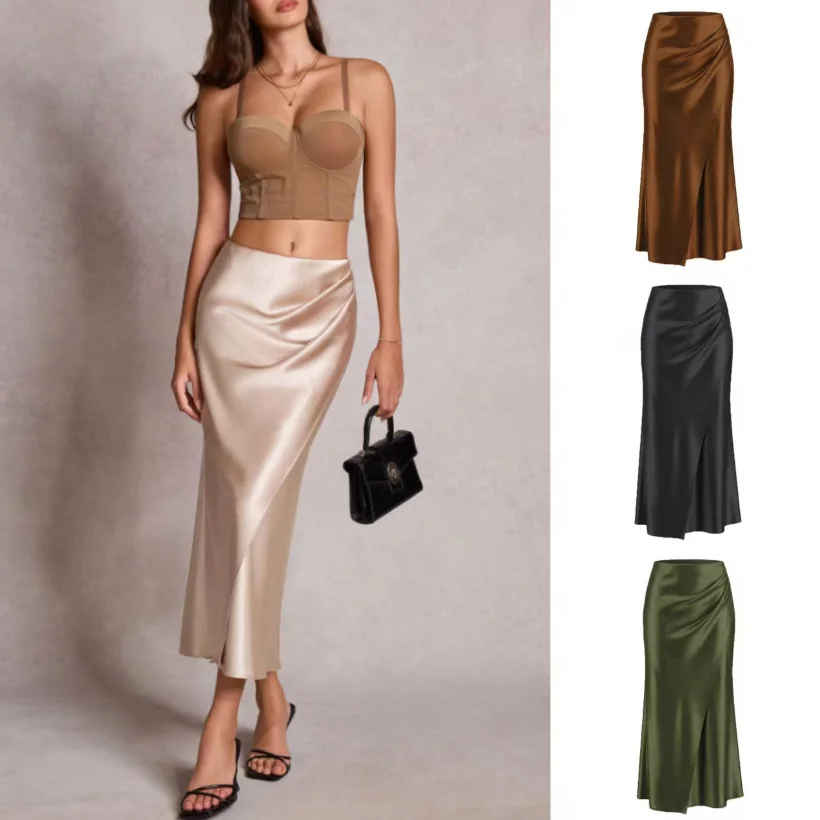 Summer new pleated satin midi skirt with elastic waist, solid color, versatile and elegant temperament, hip hugging long skirt
Summer new pleated satin midi skirt with elastic waist, solid color, versatile and elegant temperament, hip hugging long skirt
