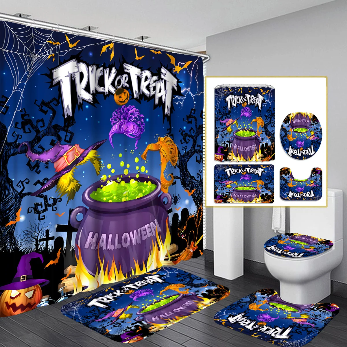 Trick or Treat Halloween Bathroom 4-Piece Set: Shower Curtain, Bath Mat, Toilet Cover, Tank Cover – Festive Home Decor
Trick or Treat Halloween Bathroom 4-Piece Set: Shower Curtain, Bath Mat, Toilet Cover, Tank Cover – Festive Home Decor