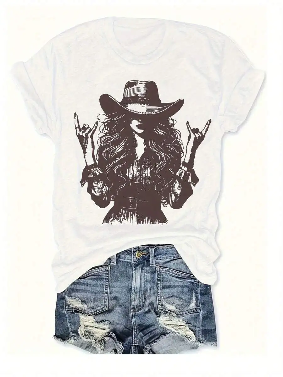 Womens Western Cowboy Girl Silhouette Print Crew Neck T-Shirt 100% Cotton Retro Rock Style Slim Fit Casual Summer Top
Womens Western Cowboy Girl Silhouette Print Crew Neck T-Shirt 100% Cotton Retro Rock Style Slim Fit Casual Summer Top