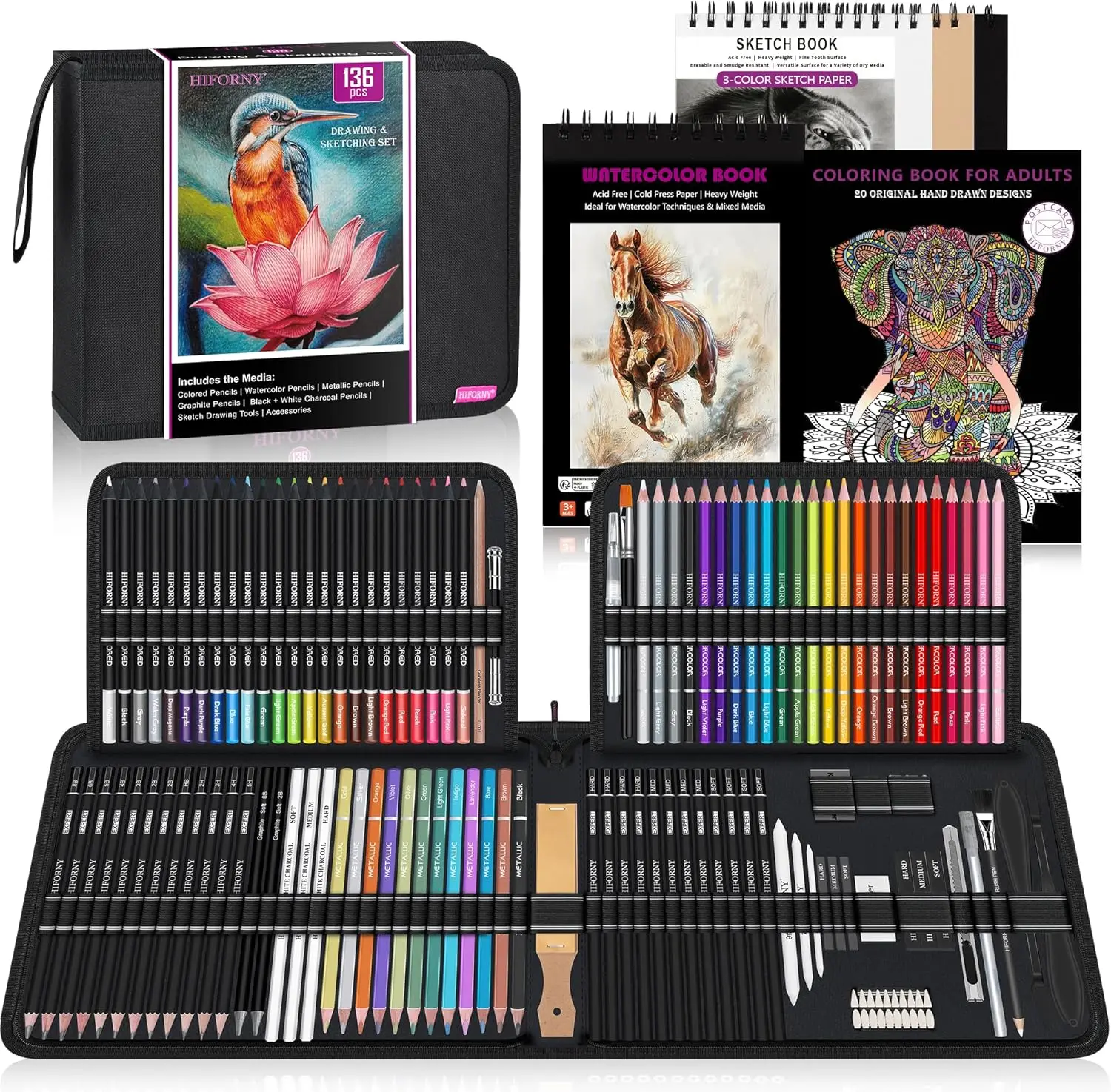 136 PCS Drawing & Sketching Set, Pro Art Supplies with Graphite, Charcoal, Colored, Watercolor, Metallic Pencils, Blending Tools, Sketchbook, Watercolor Book and Coloring Book in Zipper Case
136 PCS Drawing & Sketching Set, Pro Art Supplies with Graphite, Charcoal, Colored, Watercolor, Metallic Pencils, Blending Tools, Sketchbook, Watercolor Book and Coloring Book in Zipper Case