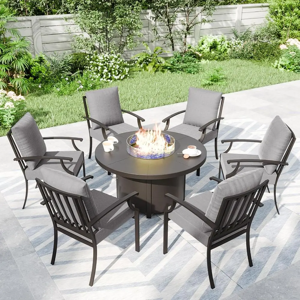 7 Piece Metal Outdoor Patio urniture Set with 48" Round Propane ire Pit, Outdoor Dining Table Set with 6 ixed Chairs and 55000 O
7 Piece Metal Outdoor Patio urniture Set with 48" Round Propane ire Pit, Outdoor Dining Table Set with 6 ixed Chairs and 55000 O