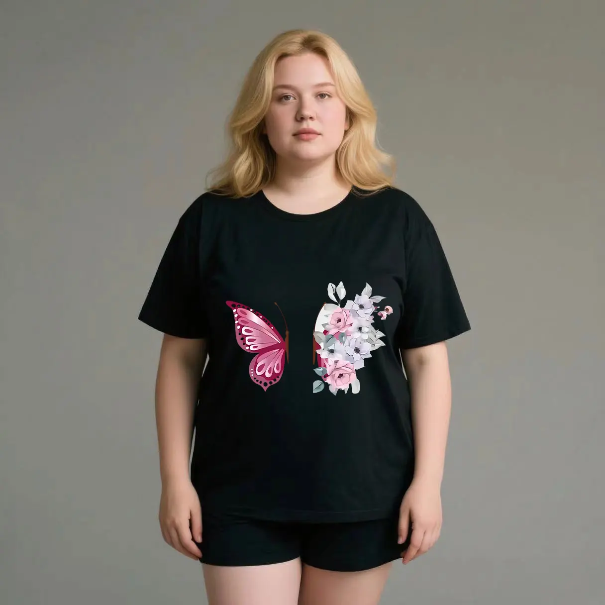 Personalized butterfly print, niche design, no collision plus size Ladies' casual short sleeved T-shirt black 
Personalized butterfly print, niche design, no collision plus size Ladies' casual short sleeved T-shirt black