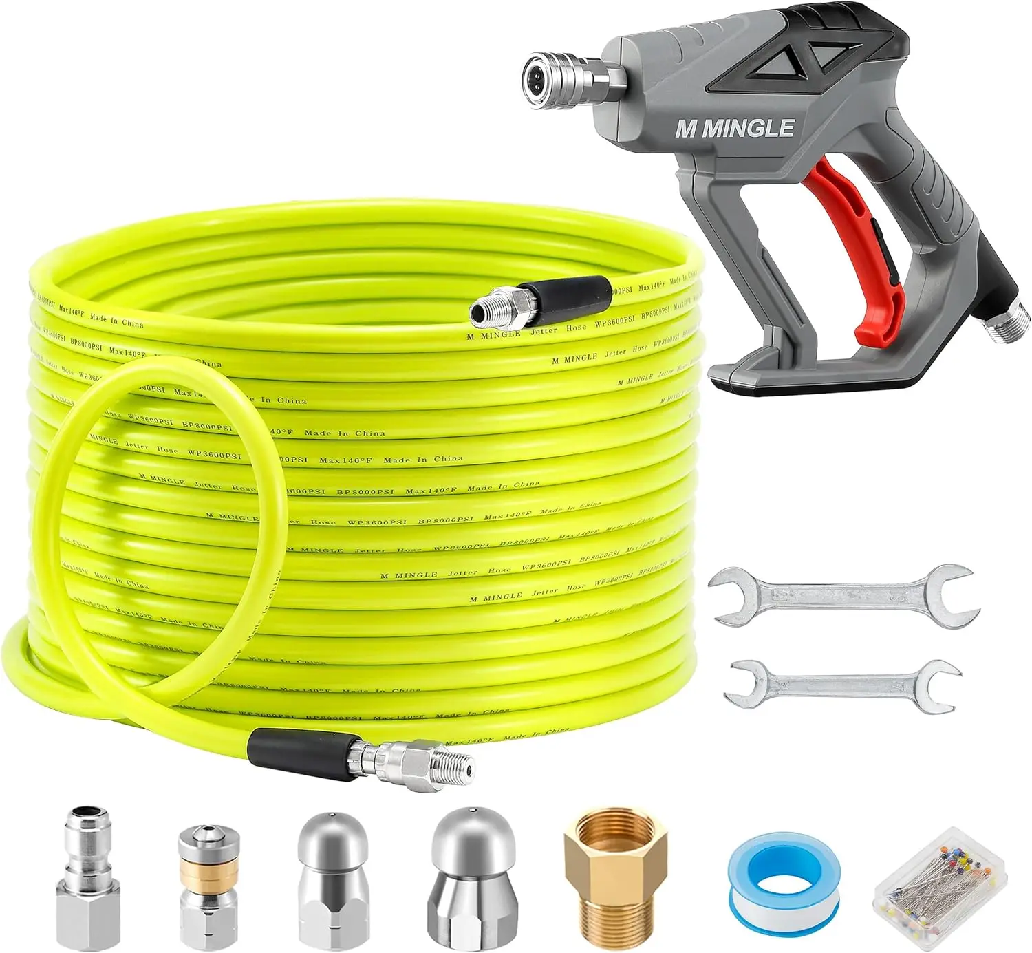 150FT Sewer Jetter Kit for Pressure Washer, Drain Cleaner Hose with Gun, 1/4" NPT Rotating & Corner Nozzles, Orifice 4.0/4.5
150FT Sewer Jetter Kit for Pressure Washer, Drain Cleaner Hose with Gun, 1/4" NPT Rotating & Corner Nozzles, Orifice 4.0/4.5