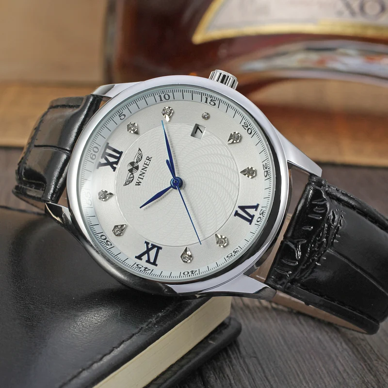 Winner Men's Watch Automatic Mechanical Date Calendar Textured Dial with Diamonds Leather Strap Male Leisure Business Wristwatch
Winner Men's Watch Automatic Mechanical Date Calendar Textured Dial with Diamonds Leather Strap Male Leisure Business Wristwatch