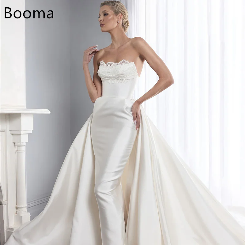 Booma Simple Mermaid Wedding Dresses Strapless Sleeveless Satin Lace Appliques Brides Gown Custom Made 2025
Booma Simple Mermaid Wedding Dresses Strapless Sleeveless Satin Lace Appliques Brides Gown Custom Made 2025
