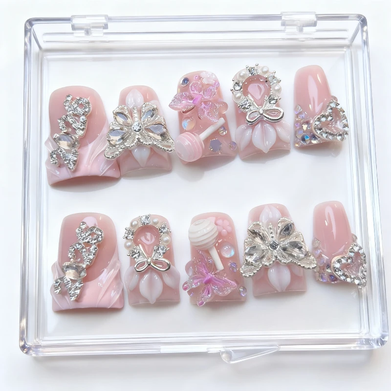 10Pcs Y2K Trendy Duckbill Nail Handmade Wearable Nails Nude Pink with Glitter Diamond Butterflies Flowers Design for Party Daily
10Pcs Y2K Trendy Duckbill Nail Handmade Wearable Nails Nude Pink with Glitter Diamond Butterflies Flowers Design for Party Daily