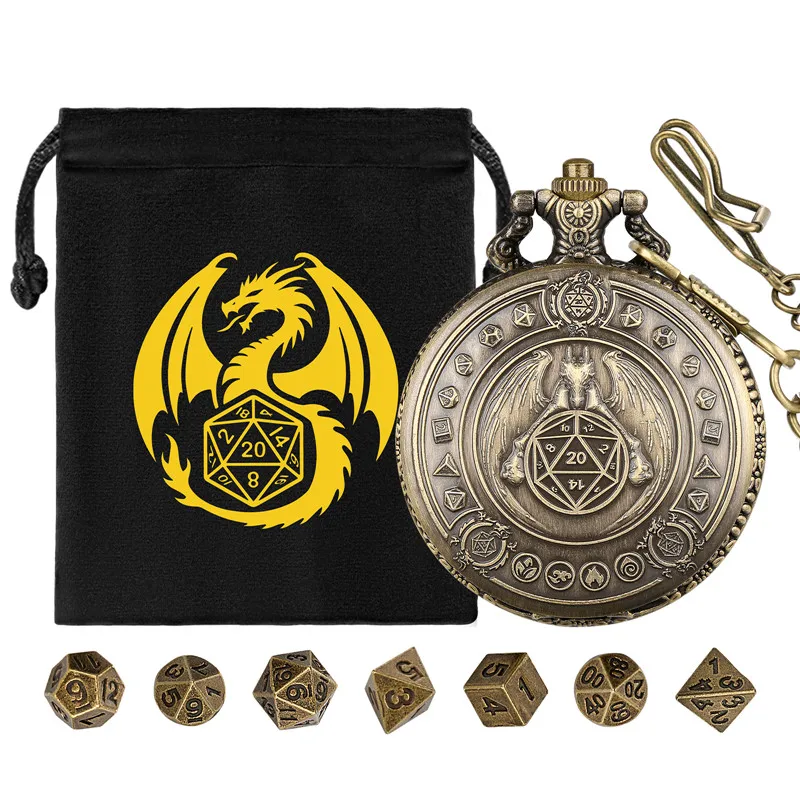 Vintage Flying Dragon Holding Dice Pocket Watch Shell Case 7pcs Metal Polyhedral Mini Size Dice Set for Role Playing Board Game
Vintage Flying Dragon Holding Dice Pocket Watch Shell Case 7pcs Metal Polyhedral Mini Size Dice Set for Role Playing Board Game