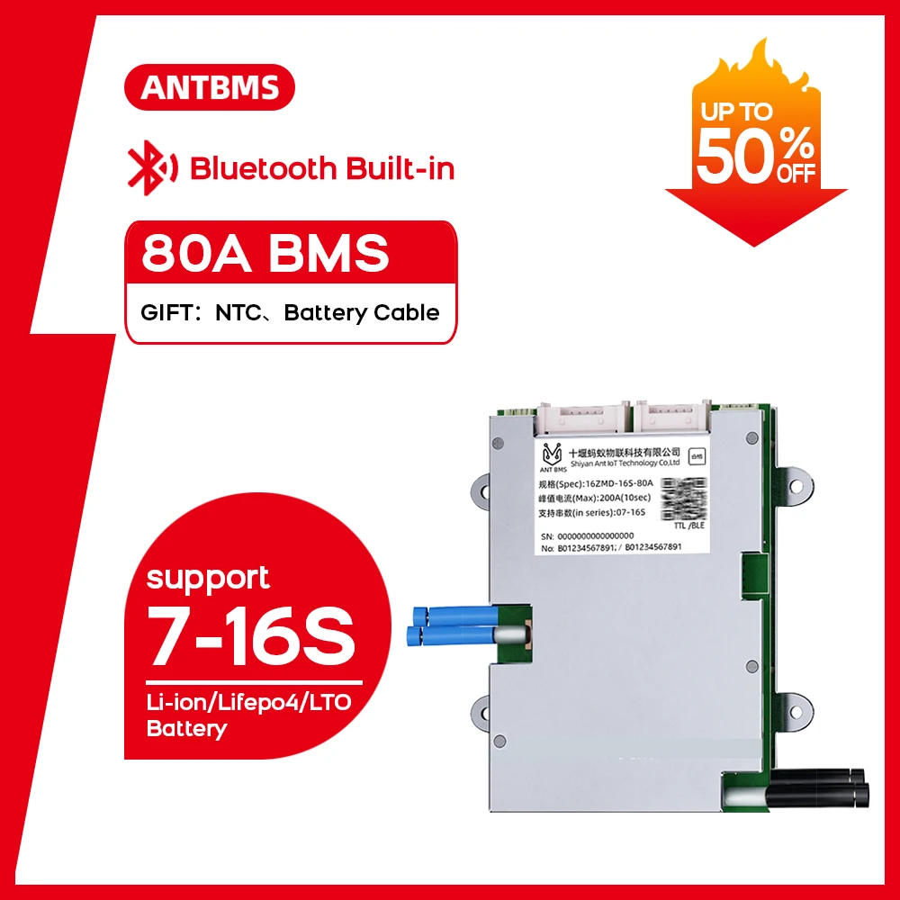 Smart ANT BMS 7-16S Li-ion Lifepo4 LTO Battery 8S 24V 36V 48V 60V 80A peak 200A smart balance board for E-bike E-scooter BT APP
Smart ANT BMS 7-16S Li-ion Lifepo4 LTO Battery 8S 24V 36V 48V 60V 80A peak 200A smart balance board for E-bike E-scooter BT APP