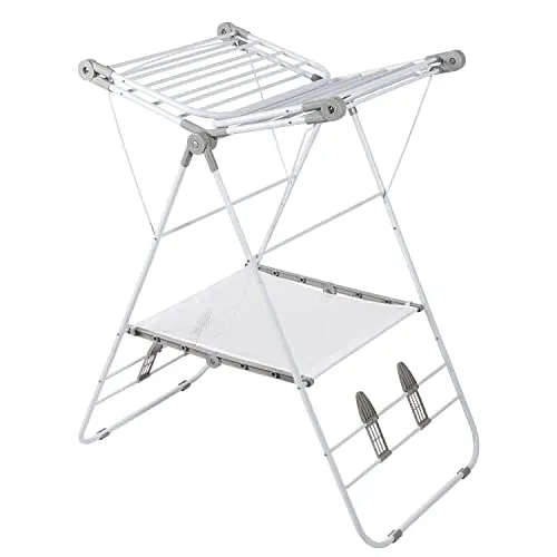 White Foldable Gullwing-Style Expandable Laundry Drying Rack With Dual-Level Hanging And Storage Shelf
White Foldable Gullwing-Style Expandable Laundry Drying Rack With Dual-Level Hanging And Storage Shelf