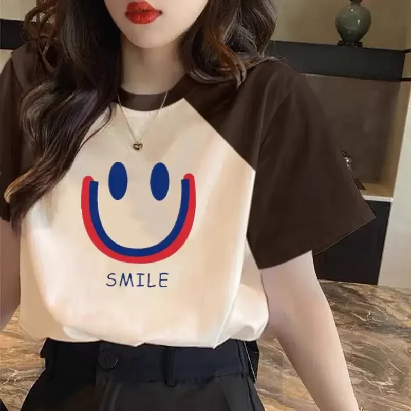 Women's Smiling Face Letter Printed Casual Contrast T-shirt Summer Fashion Pure Cotton Loose O-neck Preppy Style Top Tee
Women's Smiling Face Letter Printed Casual Contrast T-shirt Summer Fashion Pure Cotton Loose O-neck Preppy Style Top Tee