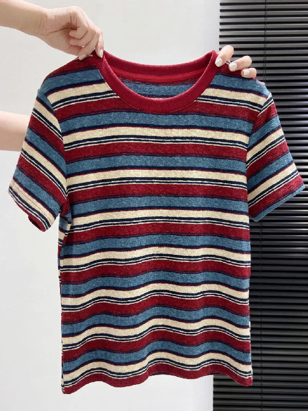 plus Size Women's T-Shirt Summer Breathable Texture Short Sleeve Striped Base Shirt Vintage Style Loose Fit round Neck Top
plus Size Women's T-Shirt Summer Breathable Texture Short Sleeve Striped Base Shirt Vintage Style Loose Fit round Neck Top