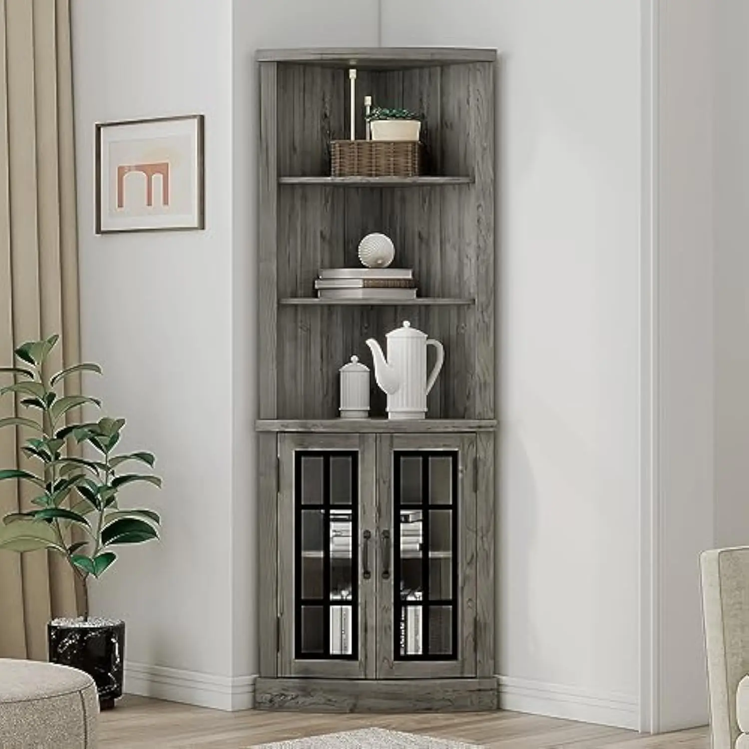 Curved corner storage cabinet, 65" tall freestanding bookcase with glass doors & adjustable shelves, 5-tier corner display cabi
Curved corner storage cabinet, 65" tall freestanding bookcase with glass doors & adjustable shelves, 5-tier corner display cabi