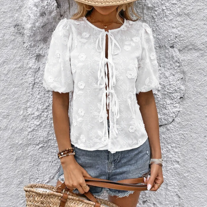 Bow tie shirt cross-border foreign trade jacquard embroidered fabric women's top 2025 summer new women's clothing
Bow tie shirt cross-border foreign trade jacquard embroidered fabric women's top 2025 summer new women's clothing