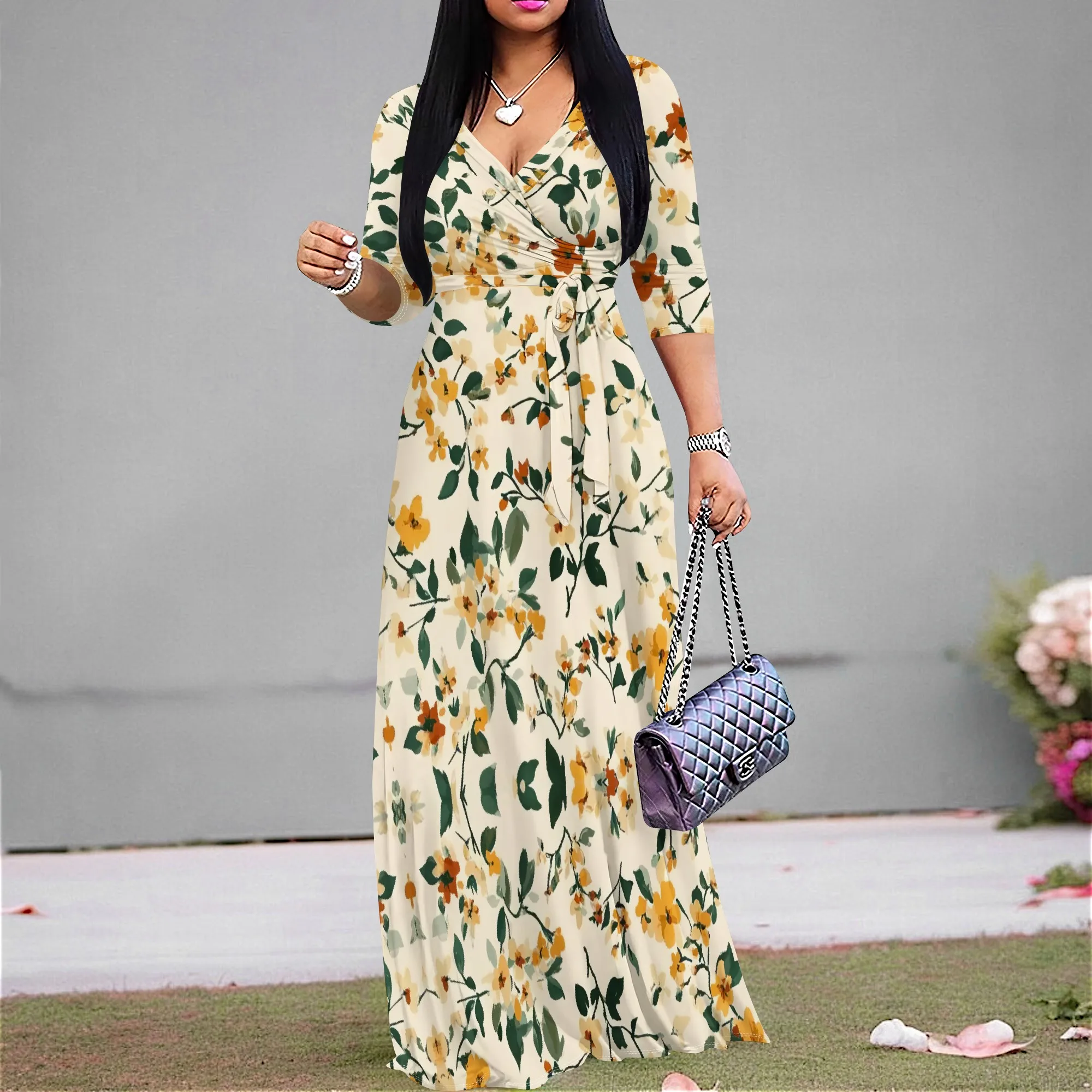 Vintage Flowers Graphics Dresses for Women Casual Sexy V Neck 3/4 Sleeves Fashion Dress Ruched Belted Trendy Maxi Dress
Vintage Flowers Graphics Dresses for Women Casual Sexy V Neck 3/4 Sleeves Fashion Dress Ruched Belted Trendy Maxi Dress