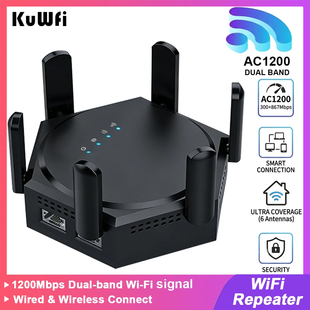 KuWFi 1200Mbps Wireless WiFi Repeater Dual Band WiFi Amplifier Wifi Extender 802.11AC WiFi Booster High-Speed Antennas with LAN
KuWFi 1200Mbps Wireless WiFi Repeater Dual Band WiFi Amplifier Wifi Extender 802.11AC WiFi Booster High-Speed Antennas with LAN