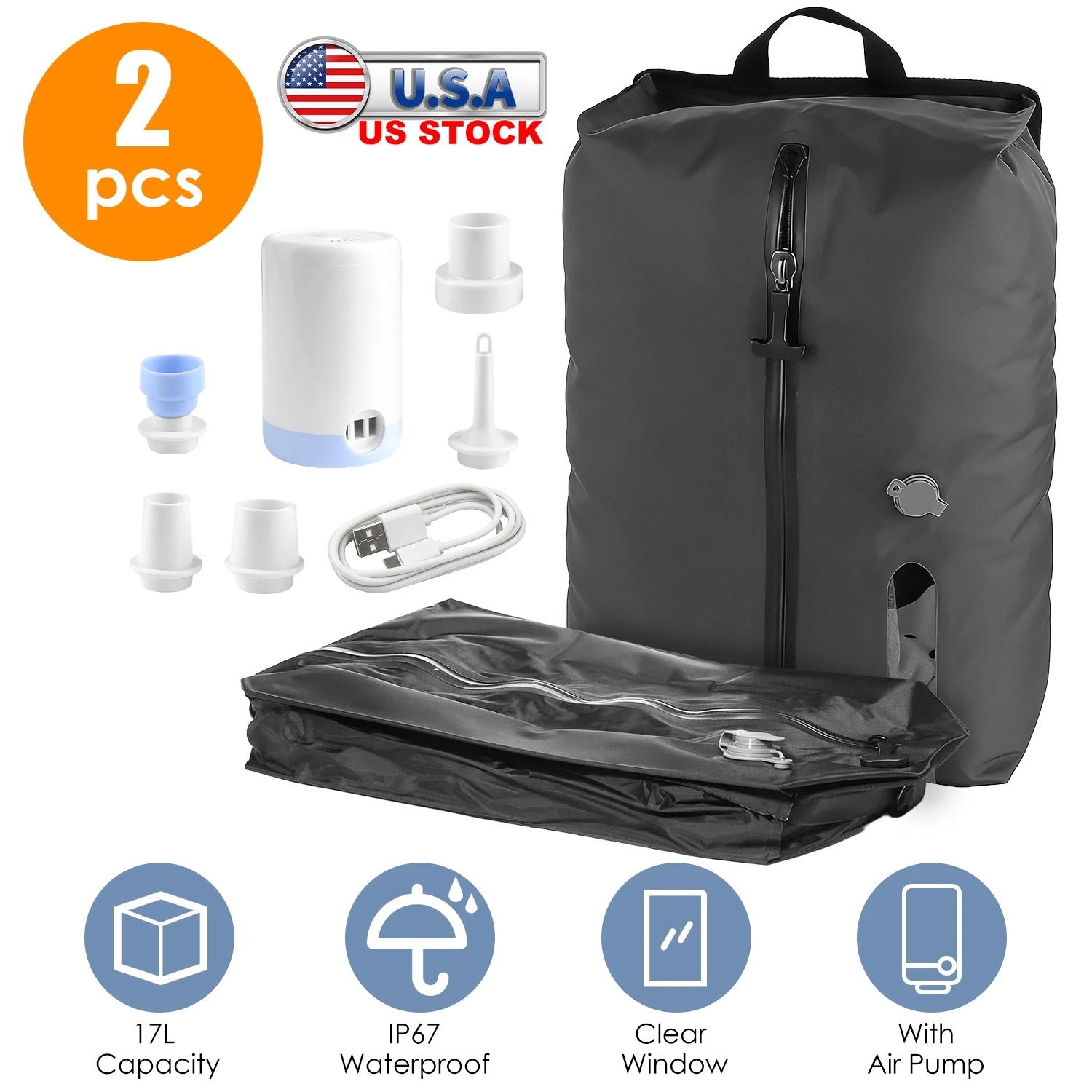 US Stock 2Pcs 17L Travel Vacuum Compression Bags with Electric Air Pump Portable Reusable Waterproof Space Saver Storage Bag
US Stock 2Pcs 17L Travel Vacuum Compression Bags with Electric Air Pump Portable Reusable Waterproof Space Saver Storage Bag