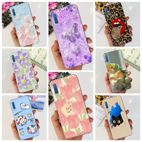Luxuly Clear Silicone Back Cover pour Samsung Galaxy A7 2018 Case 6.1 "SM-A750F Bumper Fundas Soft TPU Women Fashion Rose Flower