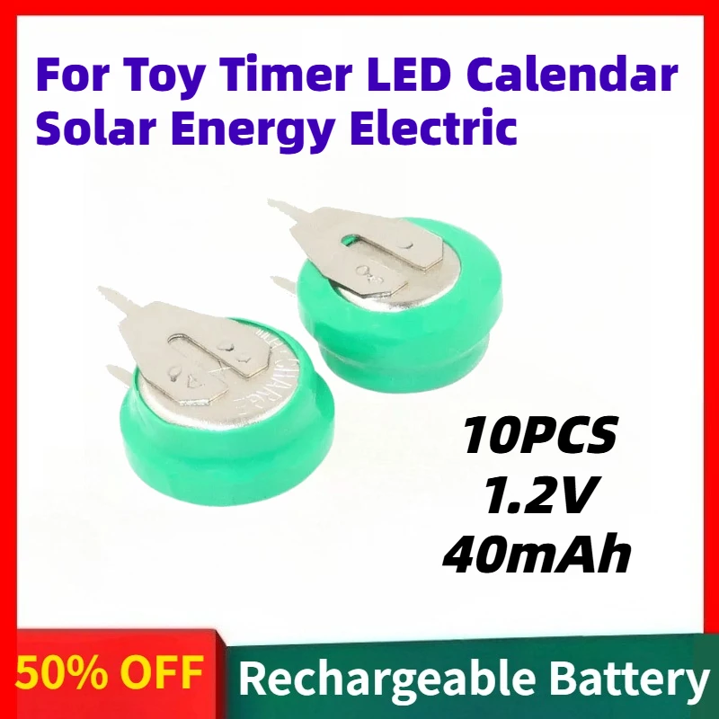 10PCS 1.2V 40mAh Ni-MH Rechargeable Battery Button Coin Cell with Welding Pins for Toy Timer LED Calendar Solar Energy Electric
10PCS 1.2V 40mAh Ni-MH Rechargeable Battery Button Coin Cell with Welding Pins for Toy Timer LED Calendar Solar Energy Electric