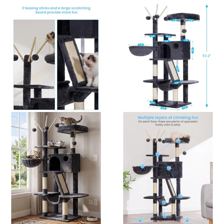 Cat Tree, 53 inch Cat Tower for Indoor Cats, Cat House with Padded Platform Bed, Toy Balls, Large Cozy Condo, Hammocks and Sisa
Cat Tree, 53 inch Cat Tower for Indoor Cats, Cat House with Padded Platform Bed, Toy Balls, Large Cozy Condo, Hammocks and Sisa