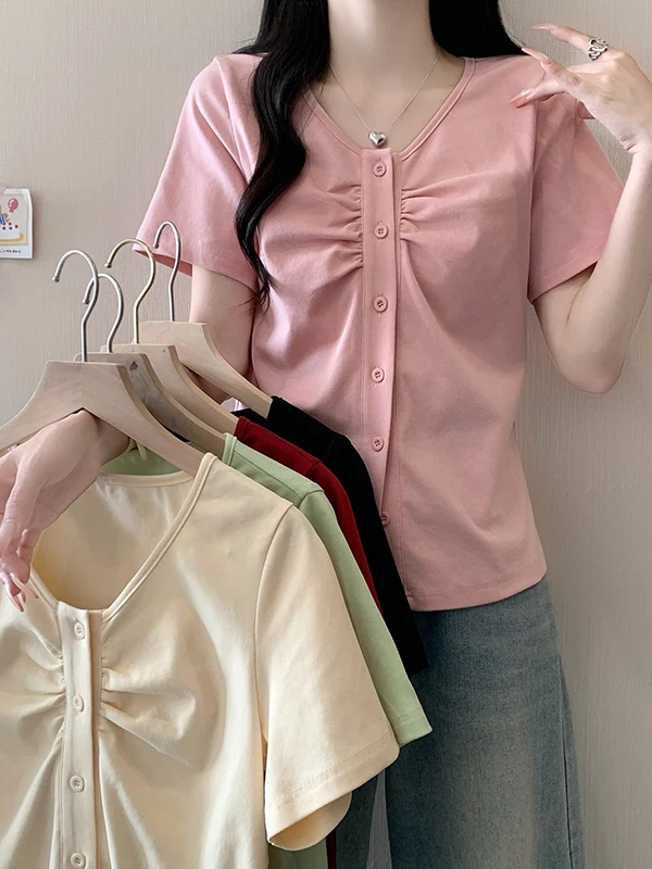 plus Size Women's Fashionable V-Neck Open Cardigan Short Sleeve T-Shirt Casual Slimming Pleated Summer New Style Versatile Top
plus Size Women's Fashionable V-Neck Open Cardigan Short Sleeve T-Shirt Casual Slimming Pleated Summer New Style Versatile Top
