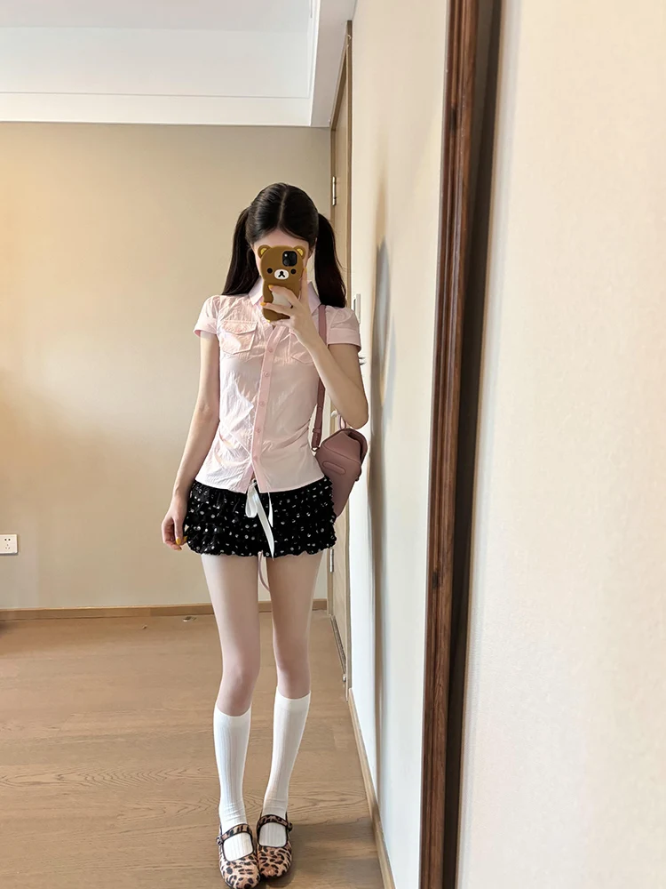 Sweet Cool School Sle Waist-Cinched Pink ort Sve irt Women Summer Slimming Sexy Younger Looking Trendy Top
Sweet Cool School Sle Waist-Cinched Pink ort Sve irt Women Summer Slimming Sexy Younger Looking Trendy Top