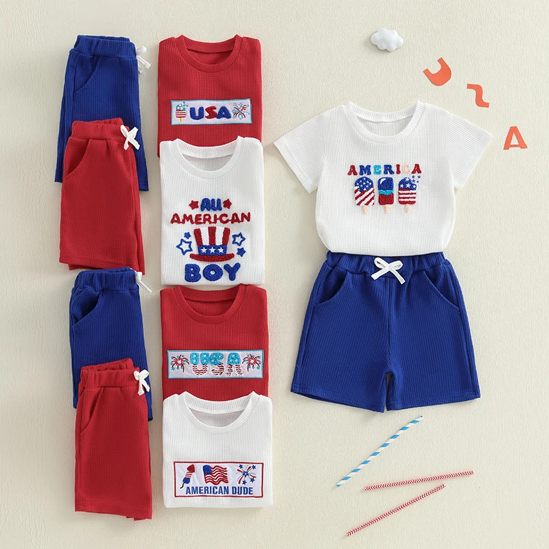 Baby Kid Boys Patriotic Outfits Embroidery Waffle Short Sleeves T-Shirt and Elastic Shorts Set for 2 Piece Summer Clothes Set
Baby Kid Boys Patriotic Outfits Embroidery Waffle Short Sleeves T-Shirt and Elastic Shorts Set for 2 Piece Summer Clothes Set