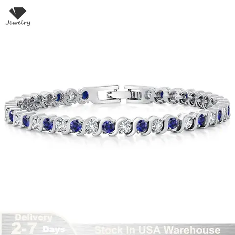 925 prata esterlina tênis pulseira safira pedra preciosa azul pulseira para mulheres noivado casamento jóias finas presente eua estoque