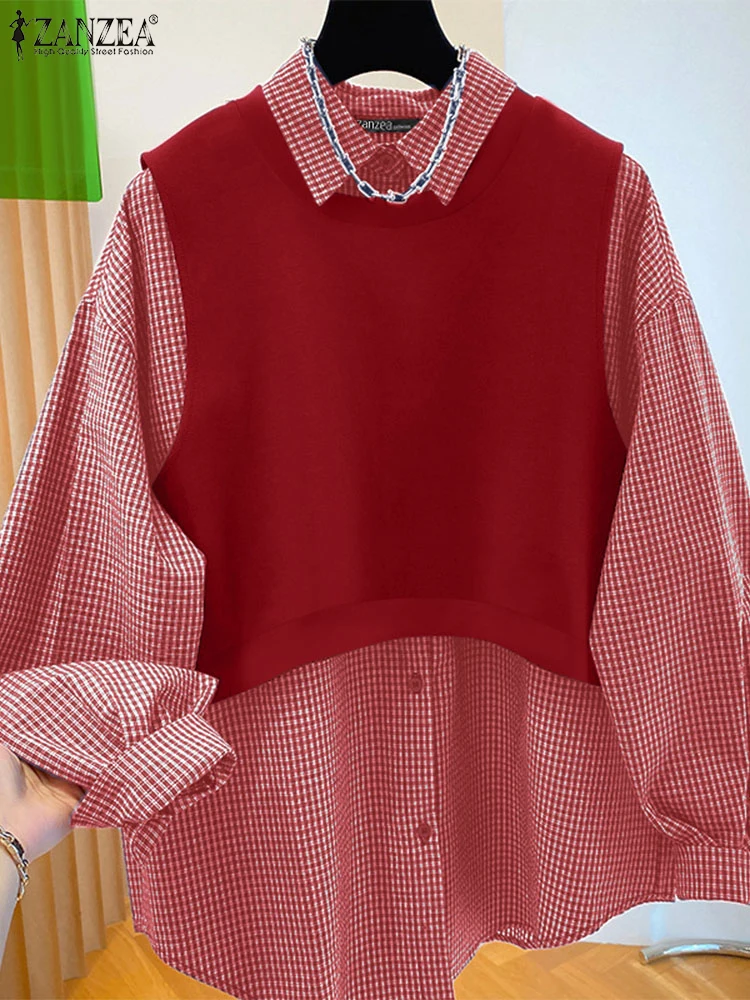 Women Lapel Neck Long Sleeve Checked Patchwork Blouse ZANZEA Spring Office Shirts Autumn Tunic Tops Casual Loose Holiday Blusas
Women Lapel Neck Long Sleeve Checked Patchwork Blouse ZANZEA Spring Office Shirts Autumn Tunic Tops Casual Loose Holiday Blusas