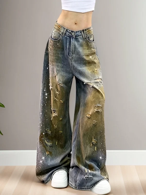 Retro American High Street Yellow Mud Stained Hole Denim Pants Women Wide Leg Floor Length Casual Style High Waist Jeans
Retro American High Street Yellow Mud Stained Hole Denim Pants Women Wide Leg Floor Length Casual Style High Waist Jeans