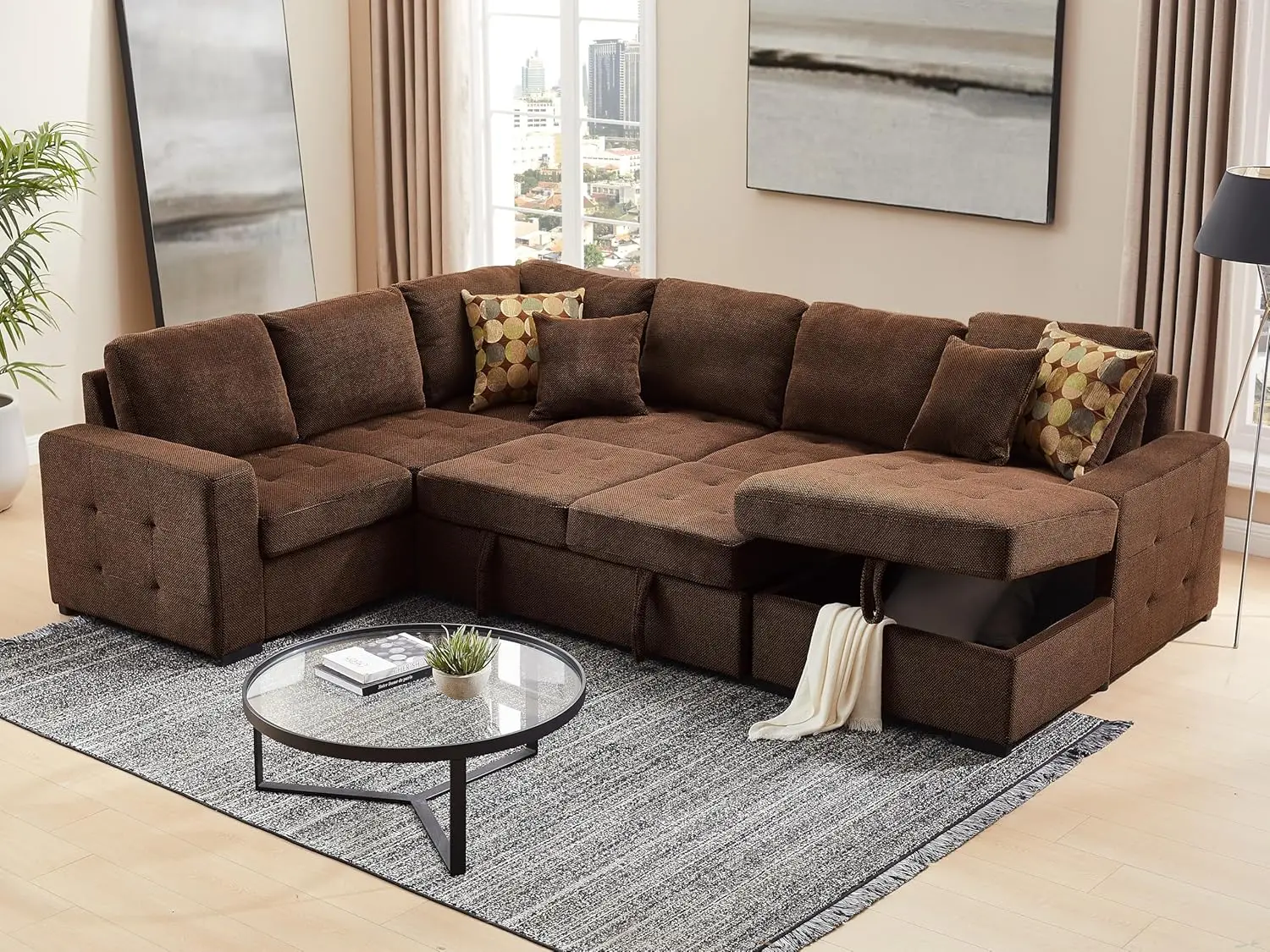 Sectional Sleeper Sofa with Pull Out Bed Oversized Sectional Couch with Storage Chaise U Shape Sleeper Sectional Sofa Dark Brown
Sectional Sleeper Sofa with Pull Out Bed Oversized Sectional Couch with Storage Chaise U Shape Sleeper Sectional Sofa Dark Brown