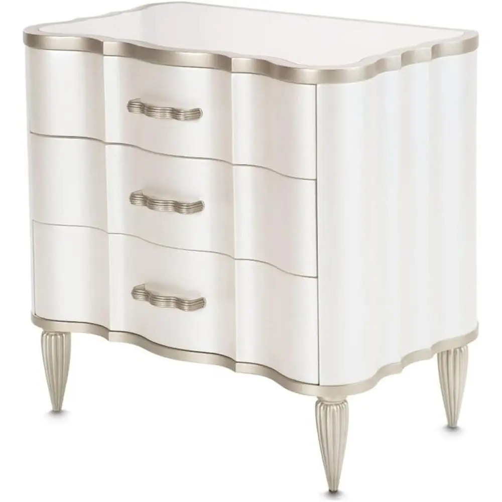 Modern 3-Drawer Nightstand with Cream Pearl Finish, Solid Wood, Marble Top, Velvet-Lined Drawers, and Platinum Trims, 29.25H x 2
Modern 3-Drawer Nightstand with Cream Pearl Finish, Solid Wood, Marble Top, Velvet-Lined Drawers, and Platinum Trims, 29.25H x 2