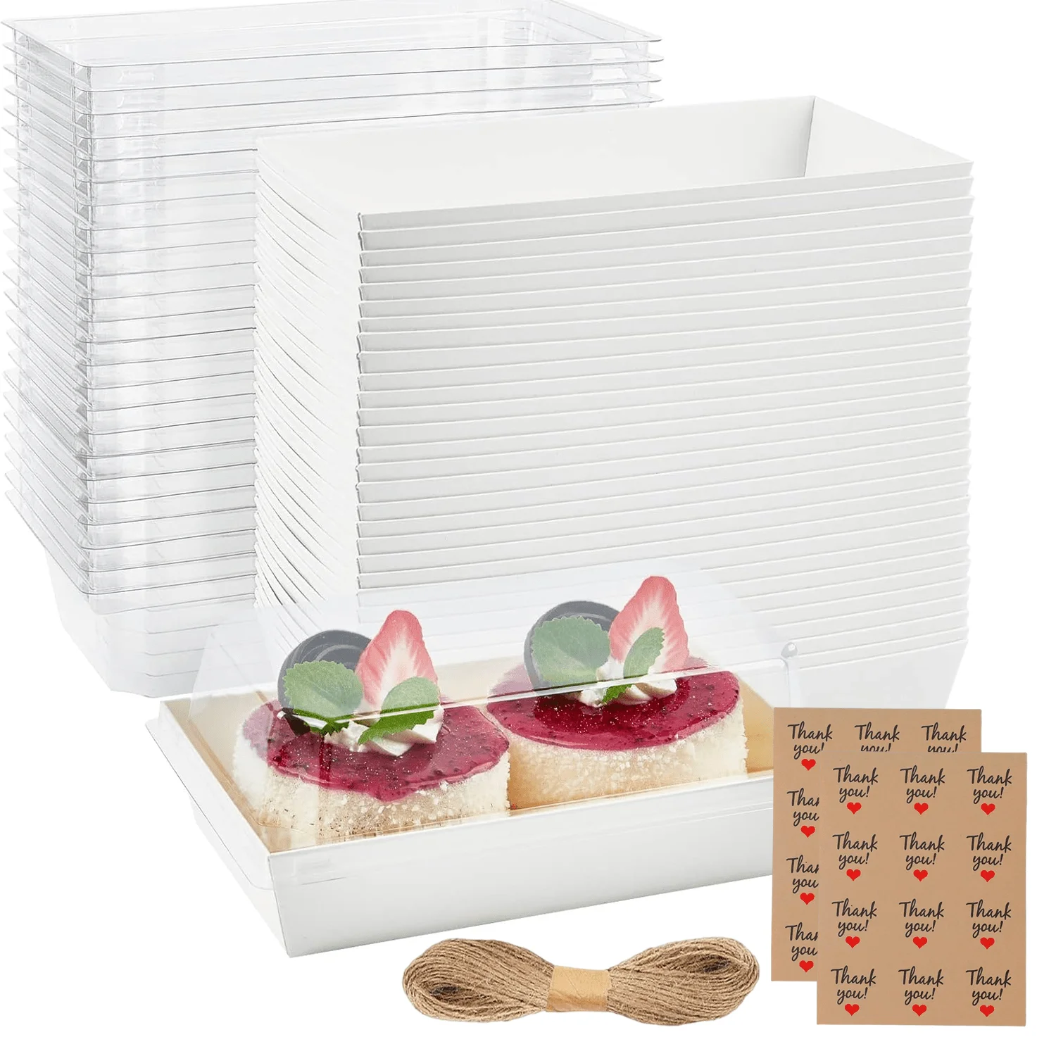 50 Pack 6.1"L x 3.3"W x 2.5"H To Go Dessert Boxes with Clear Lids, Thank you stickers, Twines, Small Treat Boxes Paper Charcuterie Containers for 2 Cupcakes, Muffins, Sandwich, Strawberries (White)
50 Pack 6.1"L x 3.3"W x 2.5"H To Go Dessert Boxes with Clear Lids, Thank you stickers, Twines, Small Treat Boxes Paper Charcuterie Containers for 2 Cupcakes, Muffins, Sandwich, Strawberries (White)