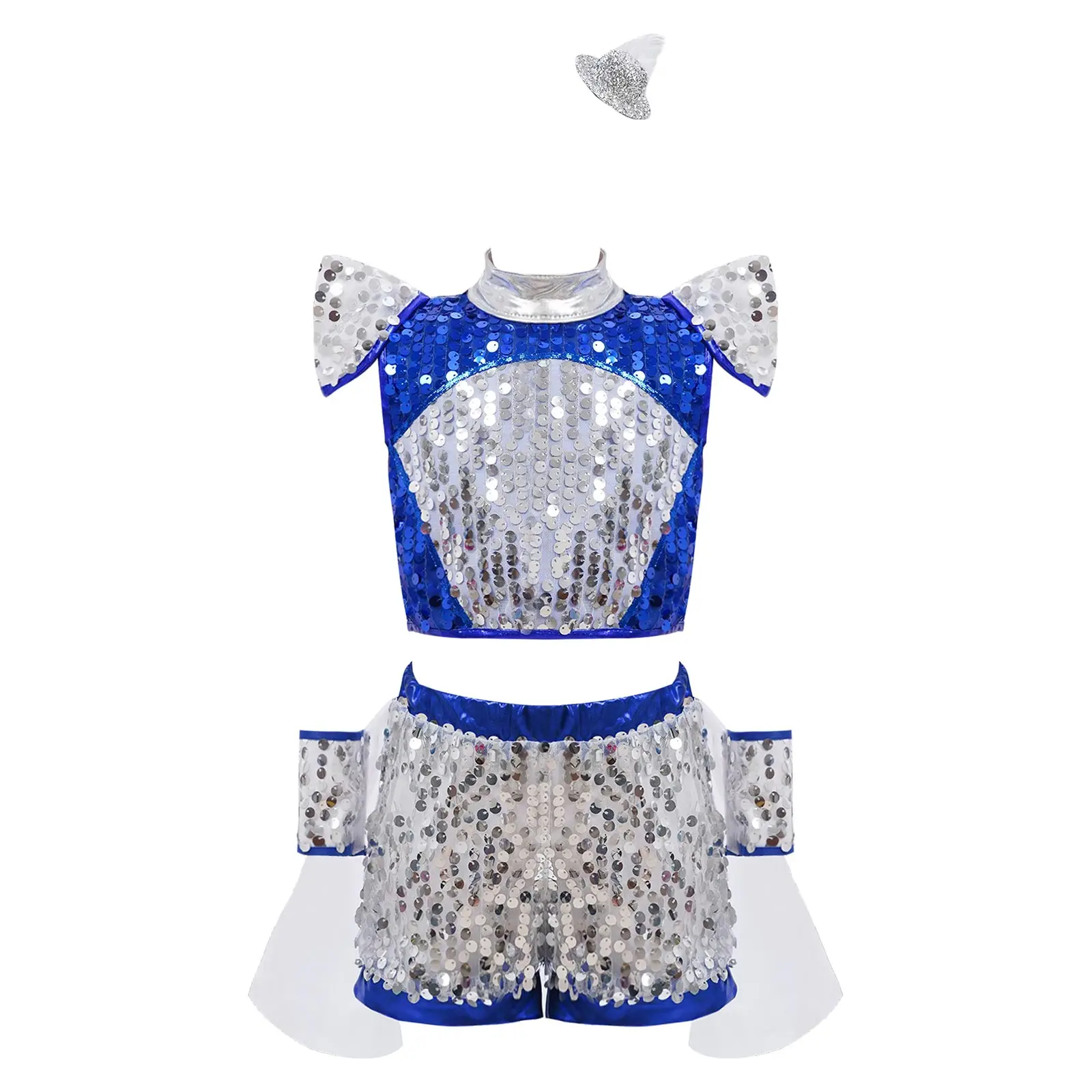 Girls Shiny Sequins Jazz Hip Hop Stage Performance Costume Cap Sleeve Crop Top with Tulle Shorts 1 Pair Cuffs And 1Pc Hair Clip
Girls Shiny Sequins Jazz Hip Hop Stage Performance Costume Cap Sleeve Crop Top with Tulle Shorts 1 Pair Cuffs And 1Pc Hair Clip