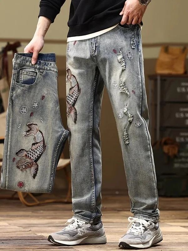 Retro Embroidered Jeans Men's Distressed Elastic Hole Yellow Mud Dye Large Size Long Pants Casual Straight Leg Fit Jeans
Retro Embroidered Jeans Men's Distressed Elastic Hole Yellow Mud Dye Large Size Long Pants Casual Straight Leg Fit Jeans