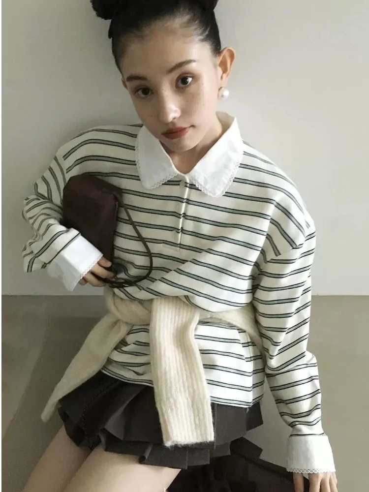 Sweet Lace Collar Striped Long Sleeve T-Shirt Women's Loose Lazy Style Sweatshirt Casual Fit Polyester Spring Season China Made
Sweet Lace Collar Striped Long Sleeve T-Shirt Women's Loose Lazy Style Sweatshirt Casual Fit Polyester Spring Season China Made
