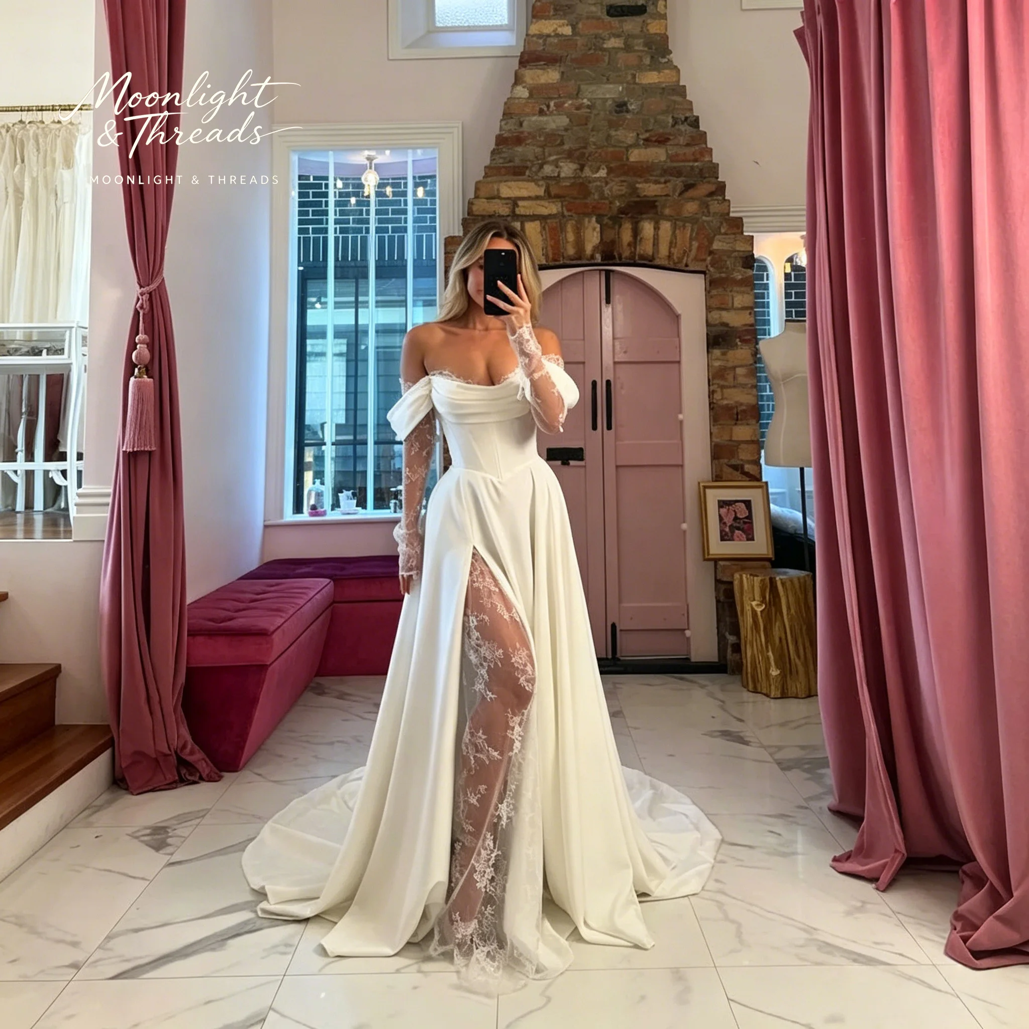 Elegant ivory strapless sleeveless A-line formal wedding gown with French lace lining and floor-length skirt
Elegant ivory strapless sleeveless A-line formal wedding gown with French lace lining and floor-length skirt