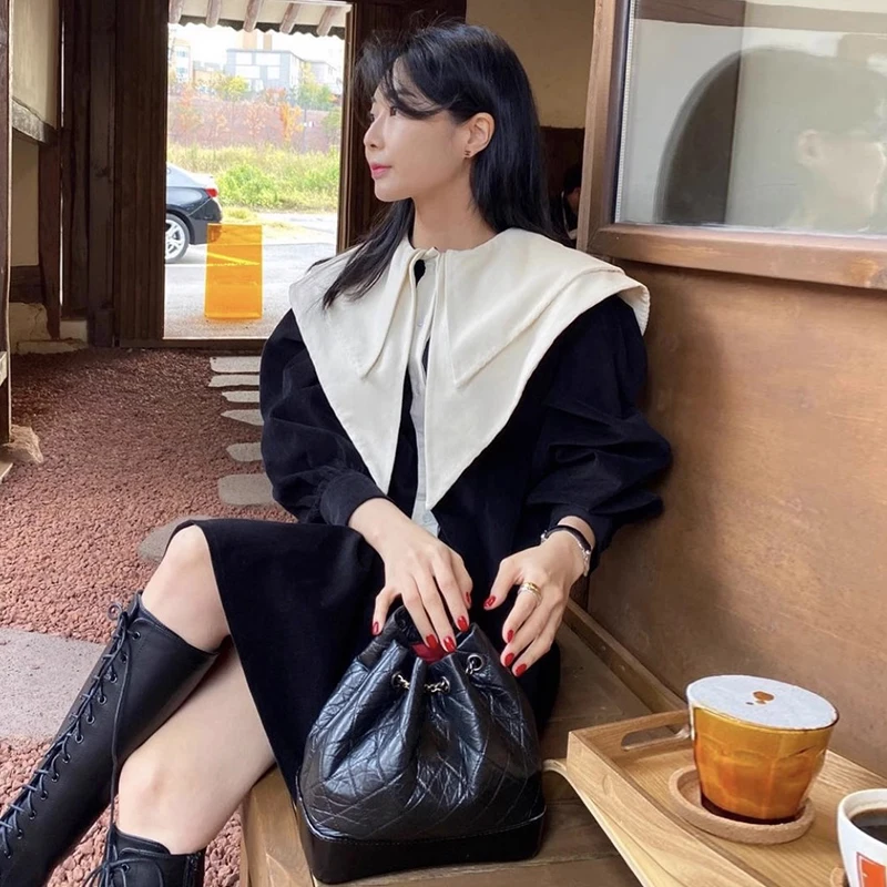 Vintage Color Contrast Dress Women Autumn Turn-down Collar Lantern Sleeve Contrast Color Loose Solid Dresses Elegant New
Vintage Color Contrast Dress Women Autumn Turn-down Collar Lantern Sleeve Contrast Color Loose Solid Dresses Elegant New