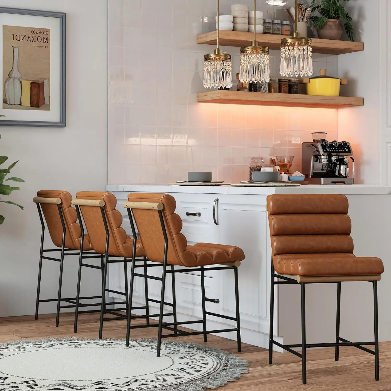 Counter Height Bar Stools Set of 4, 25''H Modern Leather Counter Stools with Channel Tufted Back, Black Metal Frames, Faux Leath
Counter Height Bar Stools Set of 4, 25''H Modern Leather Counter Stools with Channel Tufted Back, Black Metal Frames, Faux Leath