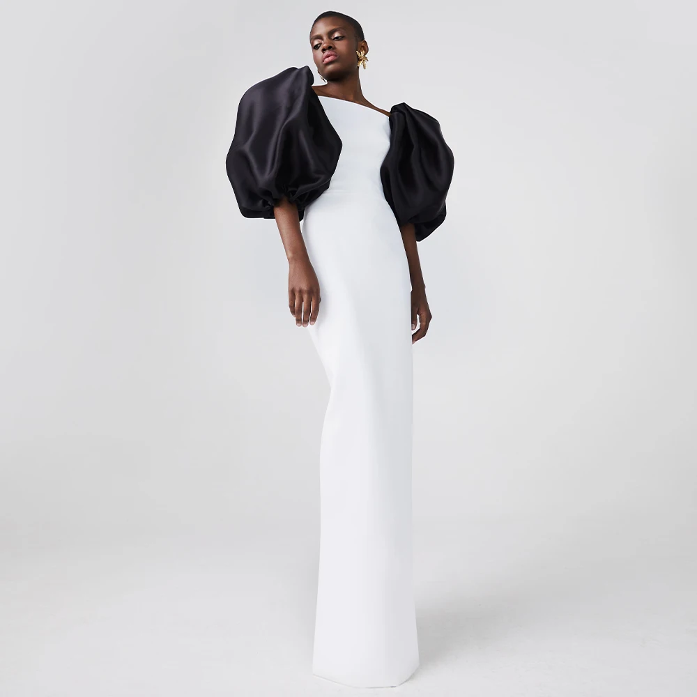 Modern Wedding Dress White Black Puff Sleeves Sheath/Column Gowns Long High Back Slit Elegant Bridal Dresses for Women
Modern Wedding Dress White Black Puff Sleeves Sheath/Column Gowns Long High Back Slit Elegant Bridal Dresses for Women