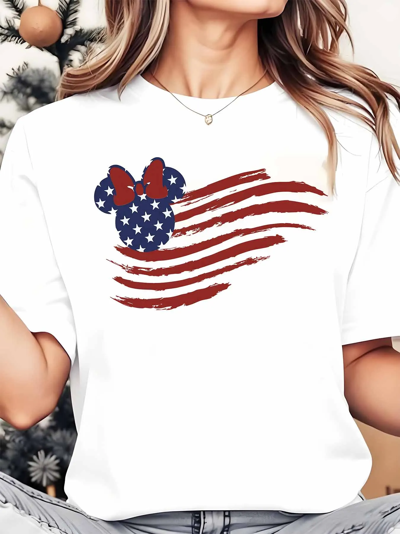 Disney Minnie Mouse American Flag Design Women's Round Neck Shirt Summer Tops Comfortable Unisex Casual Short Sleeve Tee
Disney Minnie Mouse American Flag Design Women's Round Neck Shirt Summer Tops Comfortable Unisex Casual Short Sleeve Tee