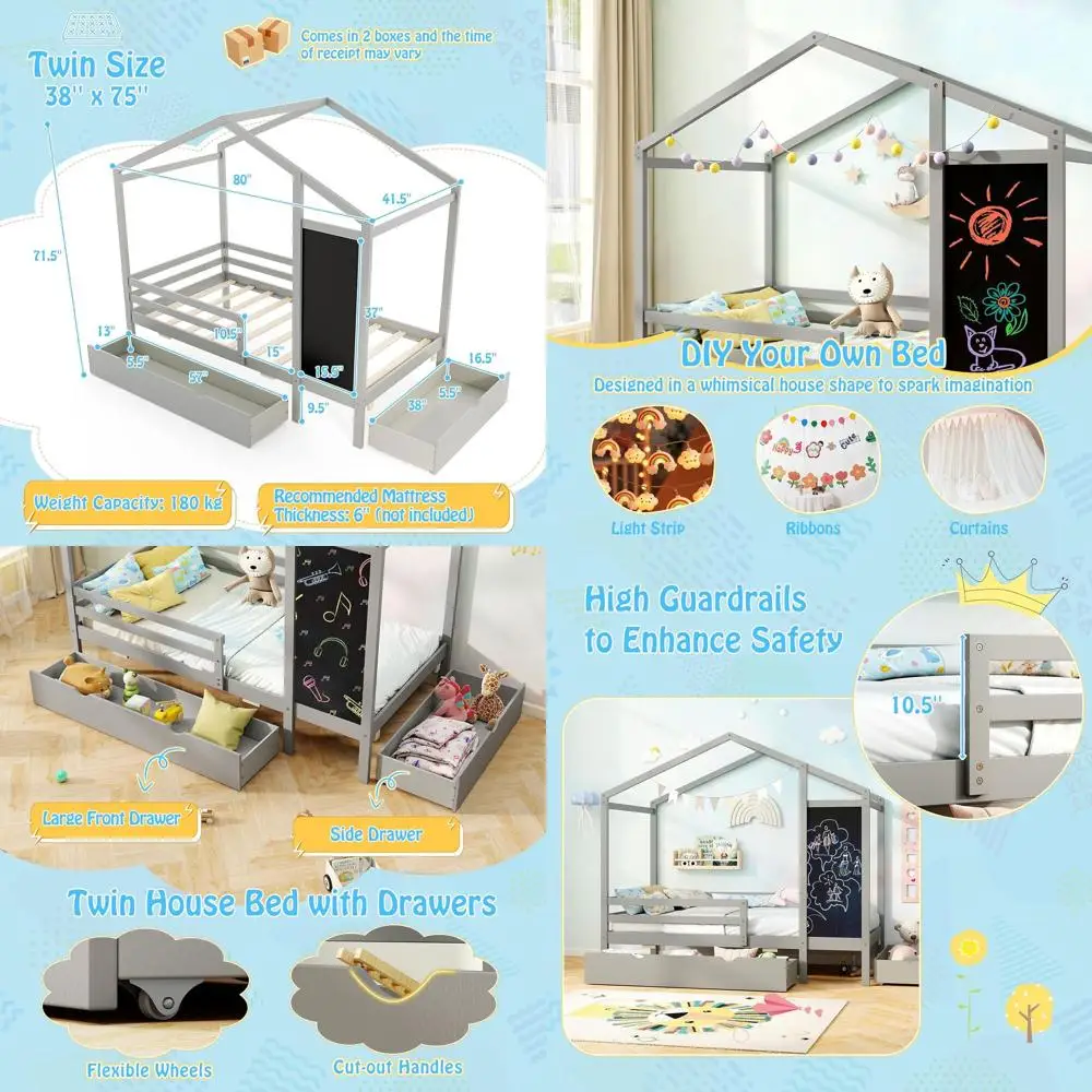 Twin Size Wood Bed with Storage Drawers, Chalkboard, Safety Rails - Suitable for Kids, Grey
Twin Size Wood Bed with Storage Drawers, Chalkboard, Safety Rails - Suitable for Kids, Grey