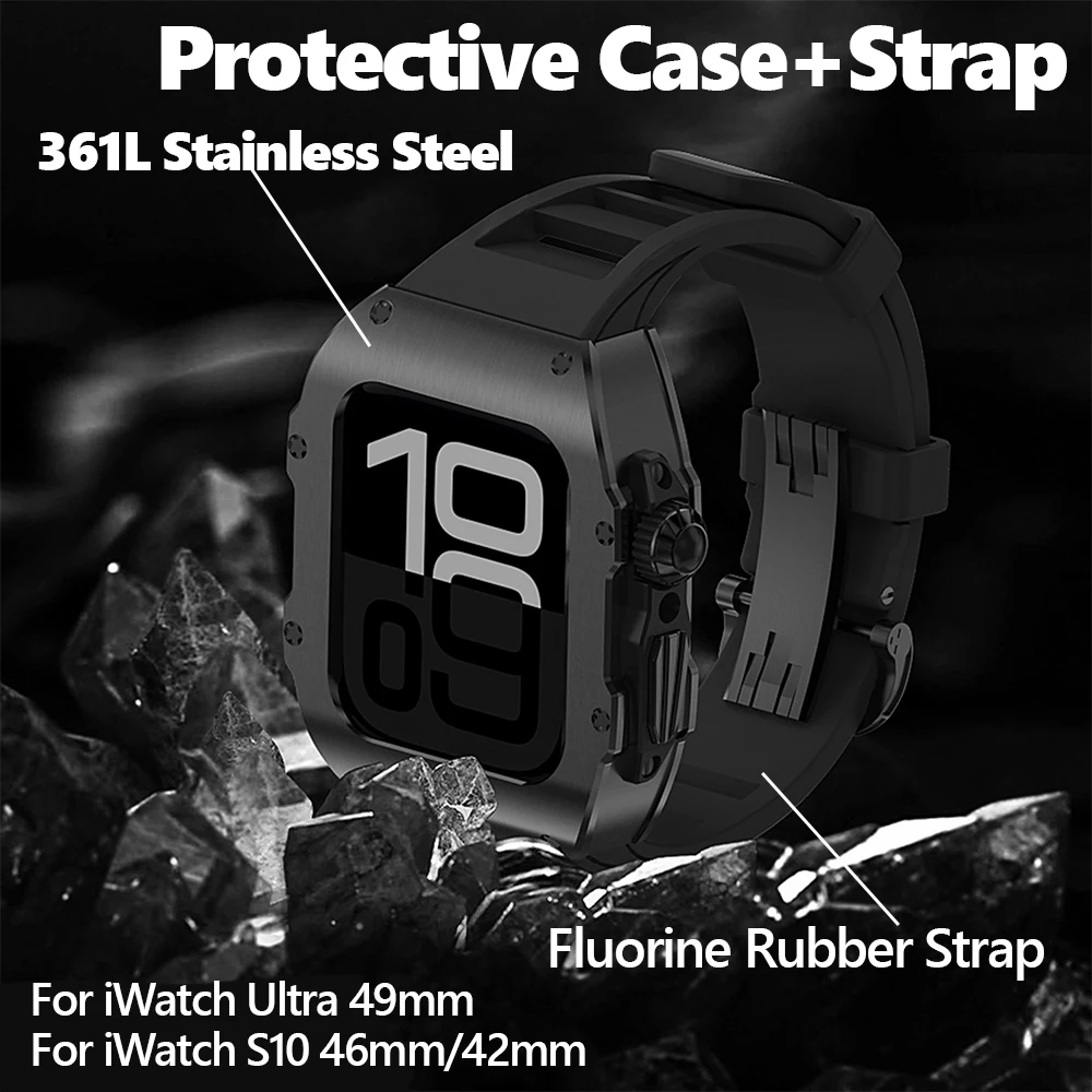 Luxury Modification Kit Stainless Steel For Apple Watch Ultra 2 49mm S10 42mm 46mm Fluororubber Strap + Metal Case Kit Accessory
Luxury Modification Kit Stainless Steel For Apple Watch Ultra 2 49mm S10 42mm 46mm Fluororubber Strap + Metal Case Kit Accessory