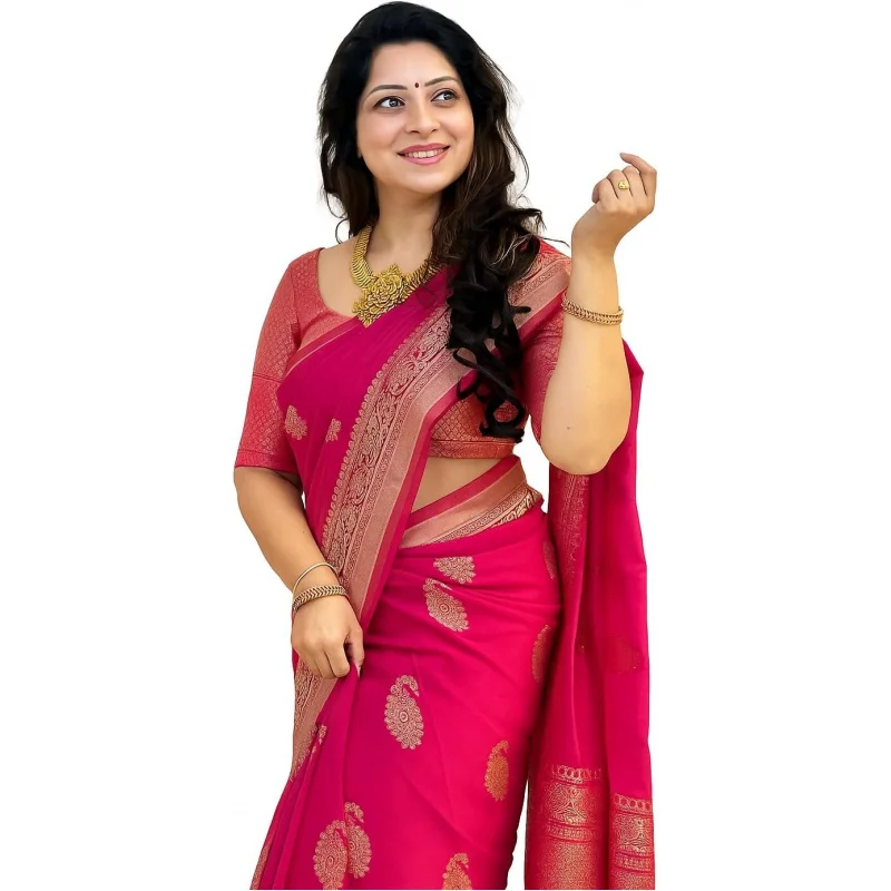 Women's Banarasi Silk Saree With Pink Golden Zari Weaving With Unstitched Blouse Piece
Women's Banarasi Silk Saree With Pink Golden Zari Weaving With Unstitched Blouse Piece
